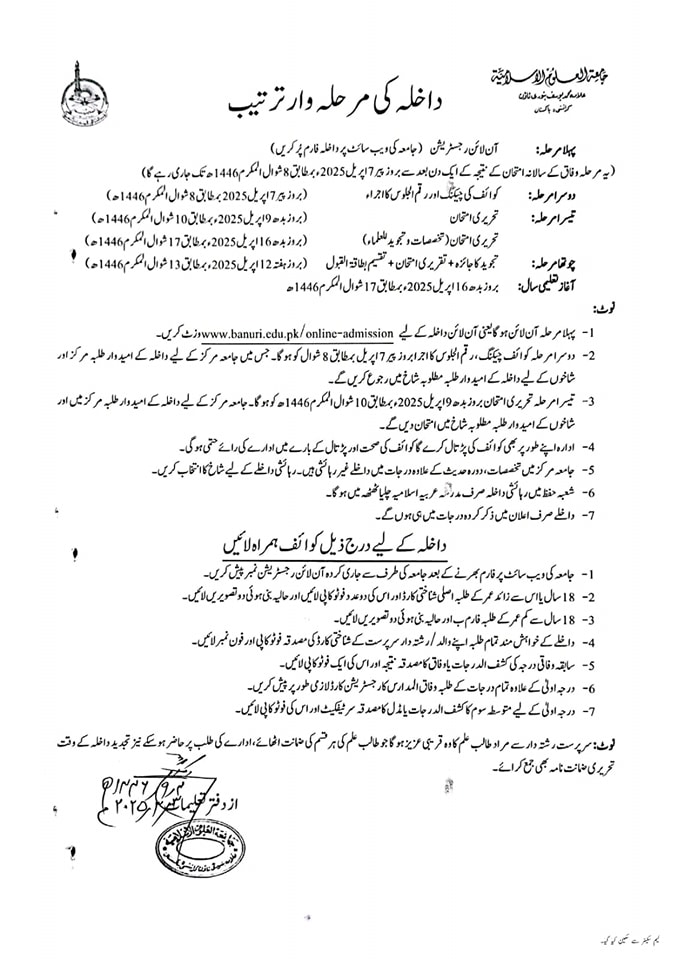 jamia aloom-e-islamia binori town karachi main dakhily jari hain