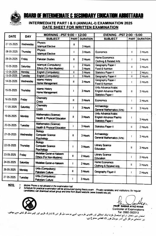 BISE Abbottabad has been issued date sheet of annual intermediate exam 2025
