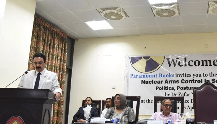 Punjab University Vice Chancellor Prof Dr M Ali (left) addressing the launching ceremony of book ‘Nuclear Arms Control in South Asia: Politics, Postures and Practices’ organised by Punjab University Department of Political Science on April 16, 2025. — Facebook@UniversityOfThePunjab.Official