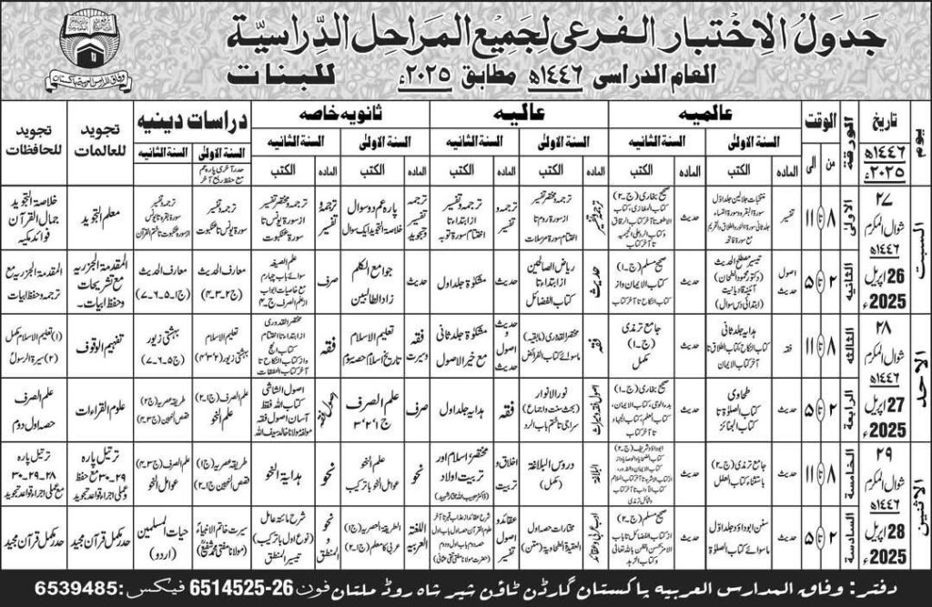 وفاق المدارس پاکستان نے سالانہ امتحانات 2025 کا شیڈول جاری کر دیا ہے۔ امتحانات 26 تا 29 اپریل تک جاری رہیں گے۔ مکمل تفصیل اور مضامین کی فہرست یہاں ملاحظہ کریں