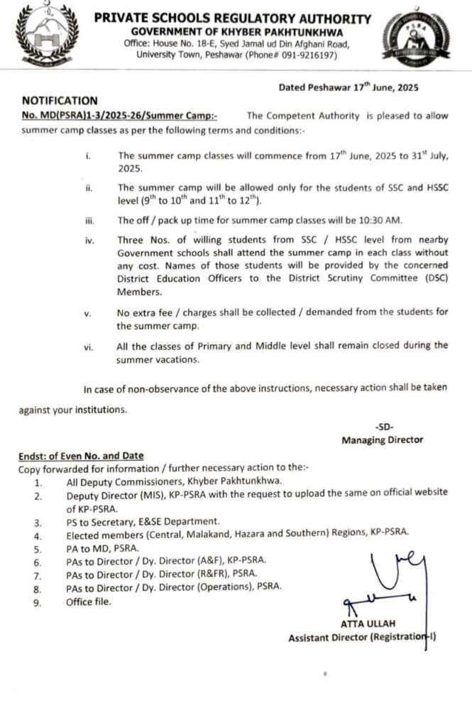 پرائیویٹ ایجوکیشن نیٹ ورک PEN کی صوبائی قیادت اور PSRA ممبران کی انتھک کوششوں اور مطالبے پر حکومت خیبرپختونخواہ نے بورڈ کلاسز نویں دسویں فرسٹ ائیر اور سیکنڈ ائیر کے لیے سمر کیمپ لگانے کا نوٹیفکیشن کر دیا ھے، یہ نوٹیفکیشن 17 جون سے 31 جولائی تک کارآمد رہے گا,